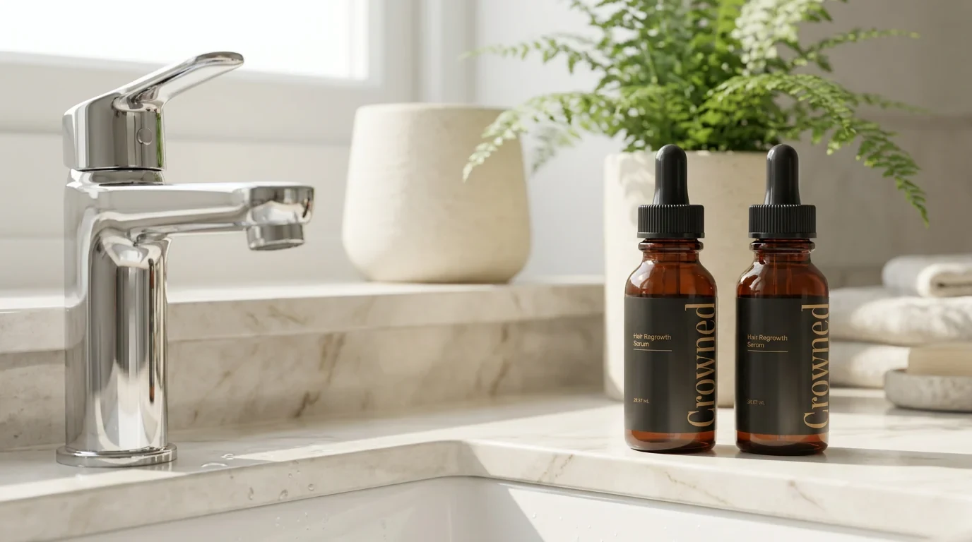 Two Crowned serum bottles on a bathroom counter — Buy 2 get 2 free package
