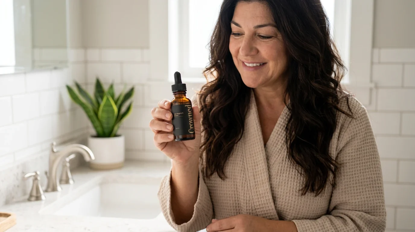 A woman holding a Crowned serum bottle in a bathroom