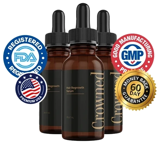 Crowned bottles with FDA-registered facility, GMP, made in USA and 60-day money-back seals